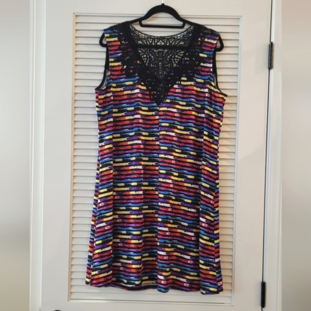 Avenue- (Plus-Size) Rainbow Colourful Striped Lace Sleeveless Dress